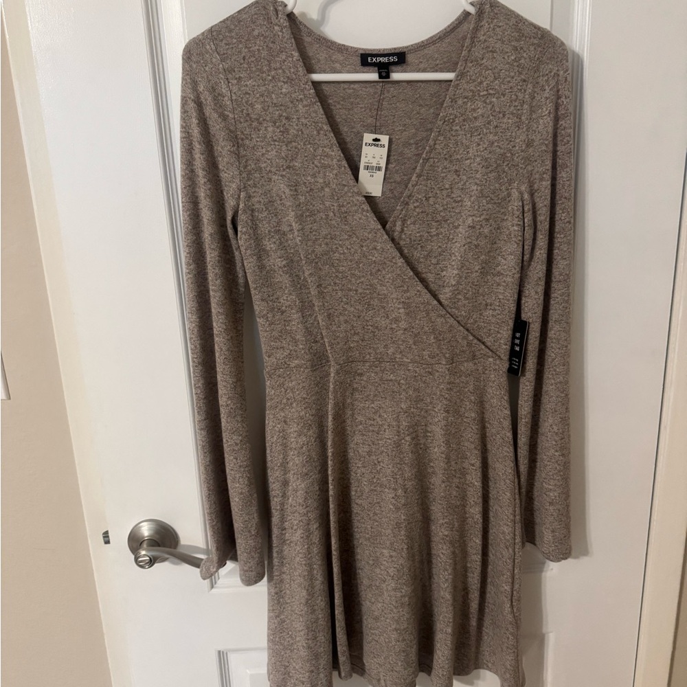 Express Brown Long Sleeve Wrap Dress